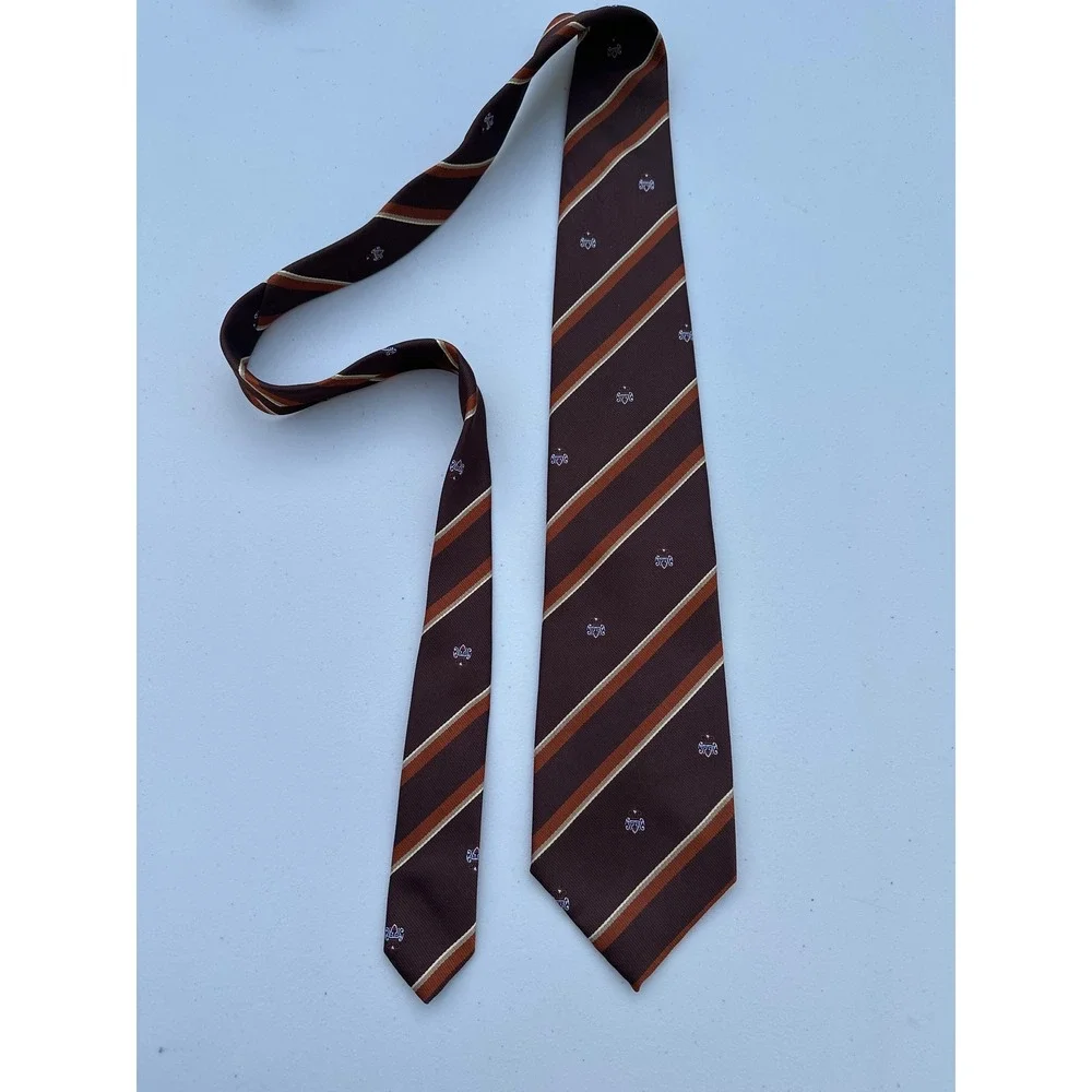 Wembley Mens Vintage Striped Crest Necktie Brown Orange‎ Wide Silk Blend Tie
